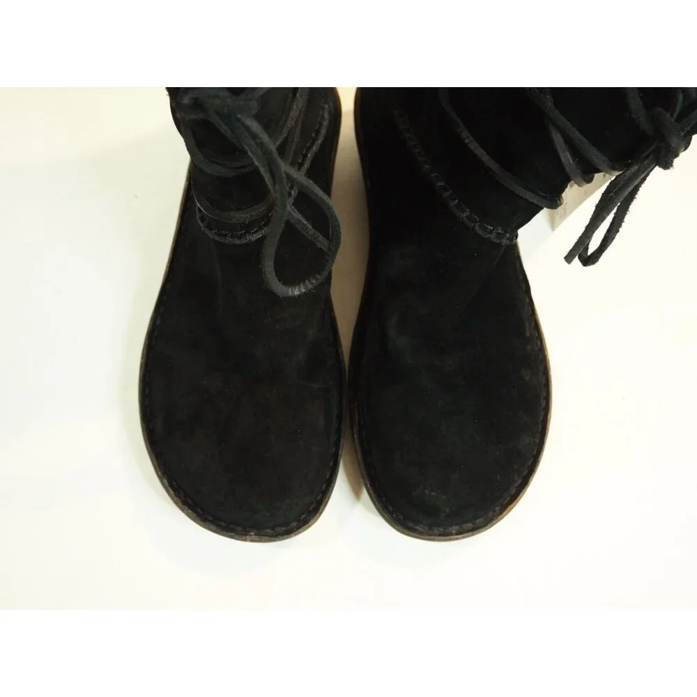 Ugg Black Leather Suede Tweed Cuff Sheepskin Lined Laced Boots, Size 9 (US)